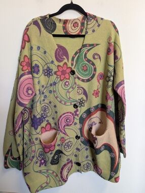 Lime Green Long Cardigan Sweater Wool Blend Paisley Colorful Artsy